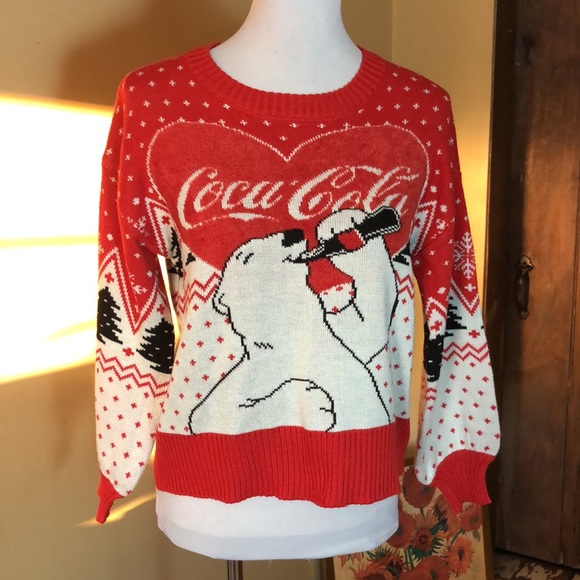 COCA COLA Size XS Snow Polarbear Sweater Cozy ChristmasTree Coke Drinking $69NEW - Picture 2 of 16